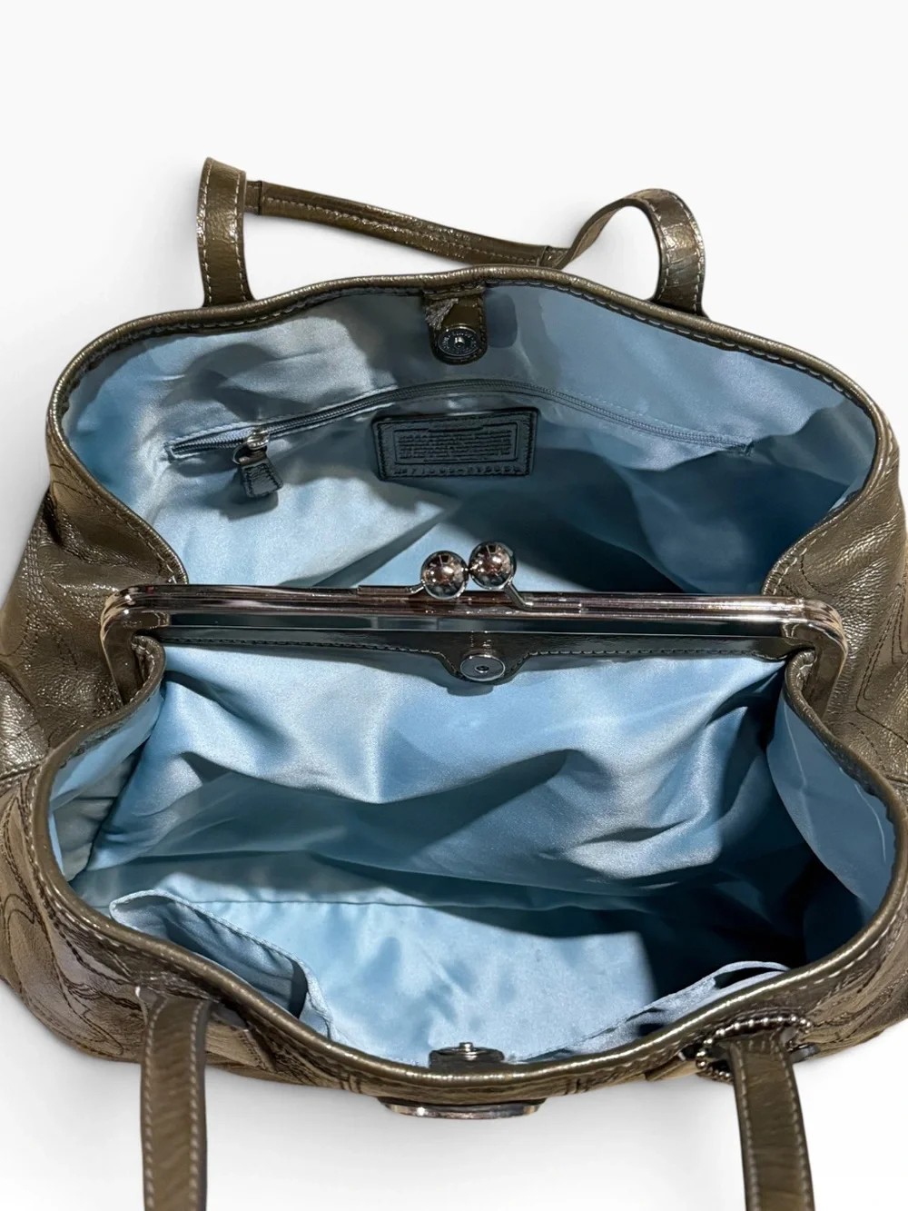 Coach Poppy Glam Tote F15658 Metallic Olive Patent Leather Kisslock Shoulder Bag